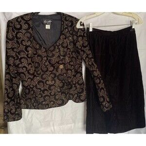 VTG Special Times By Patty O’Neil Black  Velour Glitter Blazer & Skirt Sz 8 USA